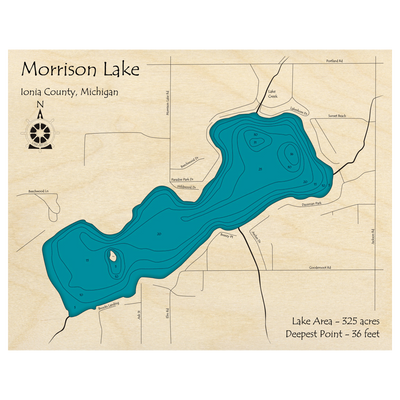 Bathymetric topo map of Morrison Lake, MI with roads, towns and depths noted in blue water.
