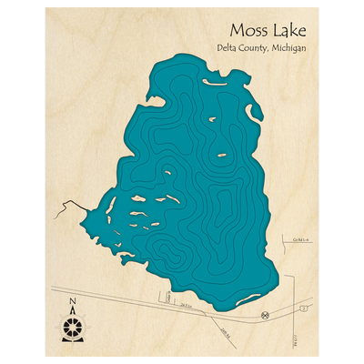 Bathymetric topo map of Moss Lake, MI with roads, towns and depths noted in blue water.