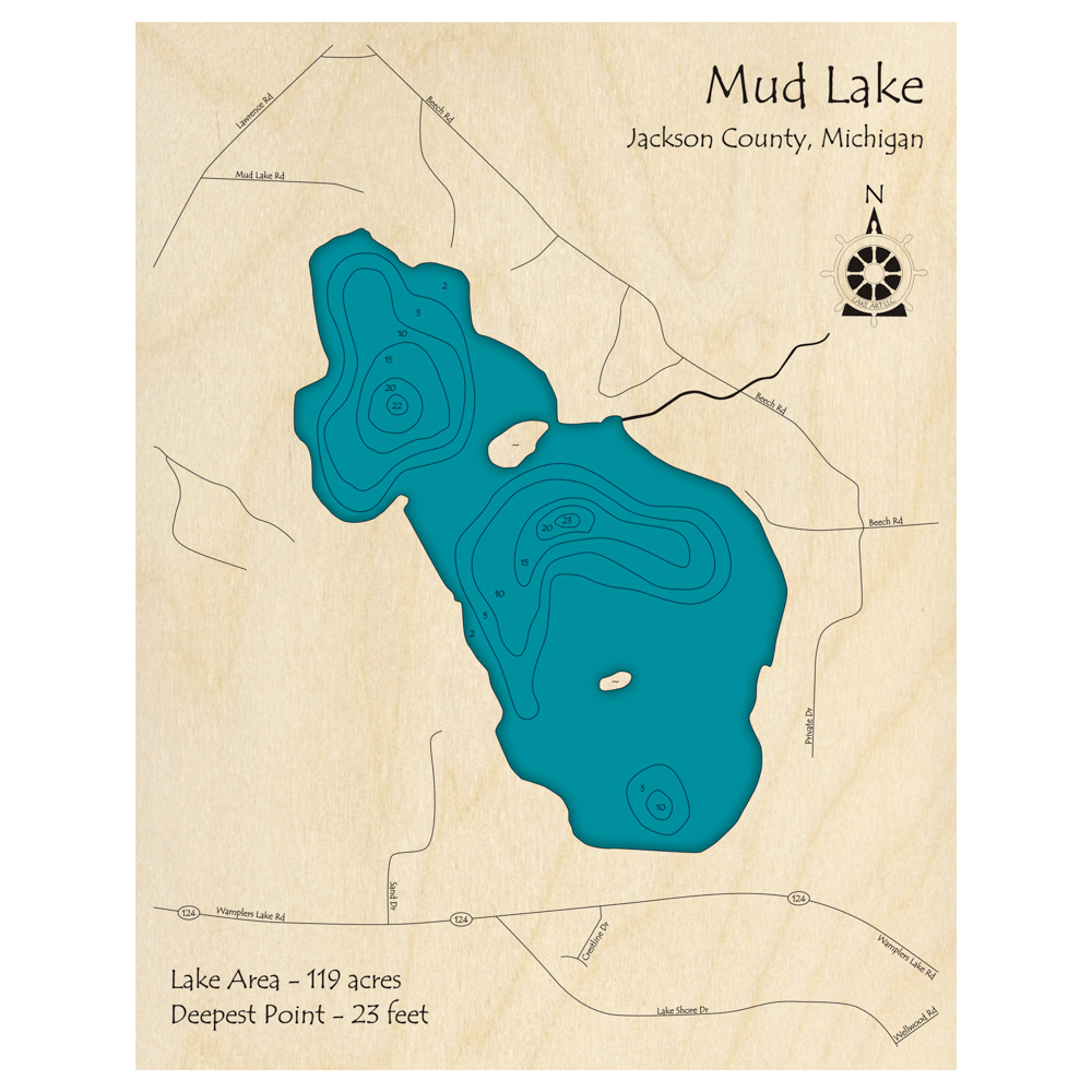 Bathymetric topo map of Mud Lake, MI with roads, towns and depths noted in blue water.