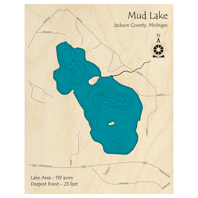 Bathymetric topo map of Mud Lake, MI with roads, towns and depths noted in blue water.