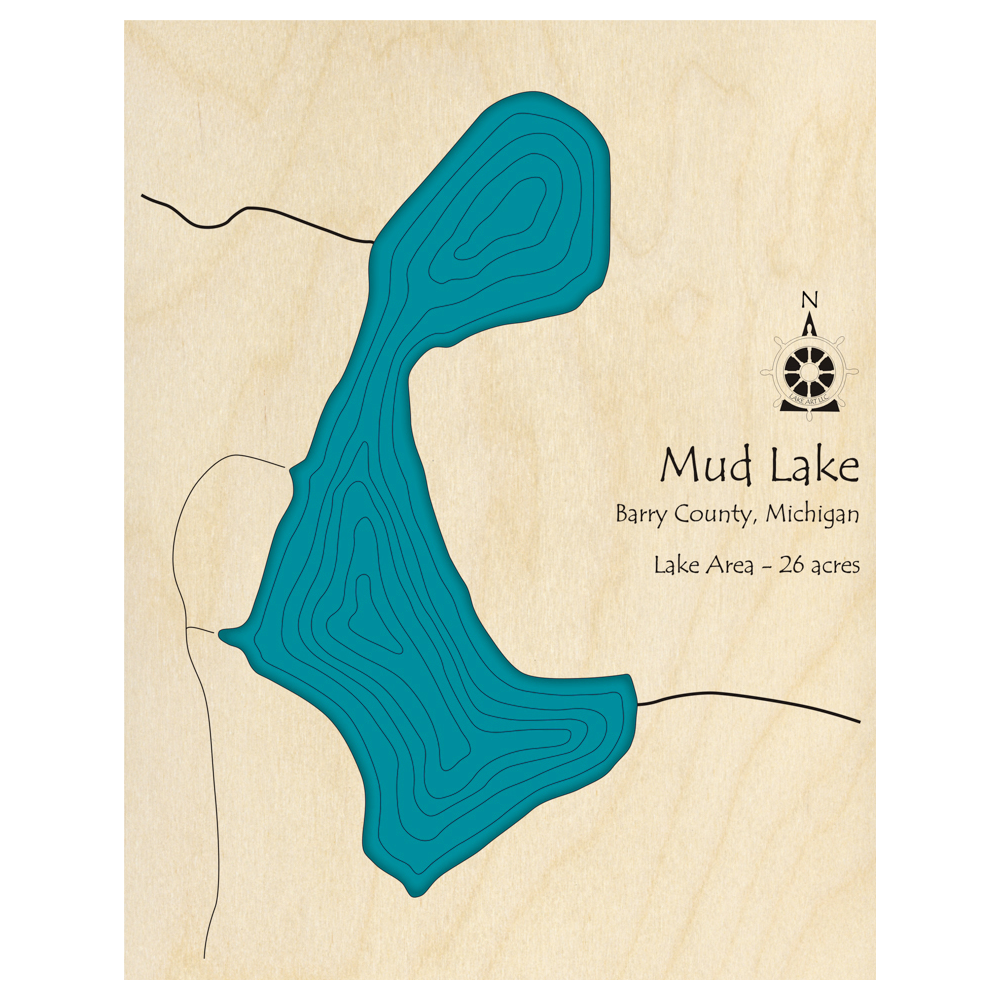 Bathymetric topo map of Mud Lake, MI with roads, towns and depths noted in blue water.