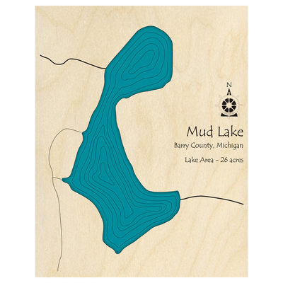 Bathymetric topo map of Mud Lake, MI with roads, towns and depths noted in blue water.