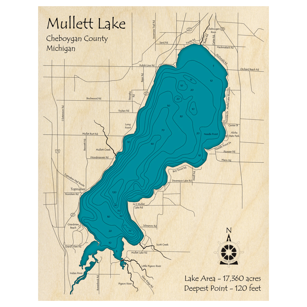 Bathymetric topo map of Mullett Lake, MI with roads, towns and depths noted in blue water.