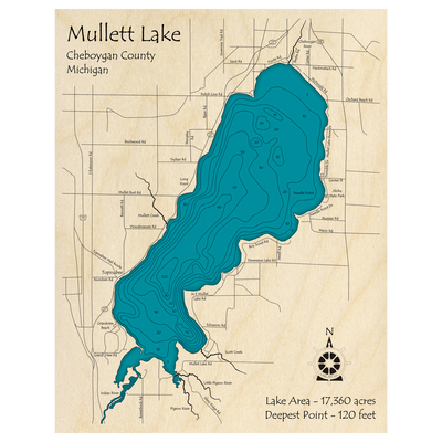Bathymetric topo map of Mullett Lake, MI with roads, towns and depths noted in blue water.