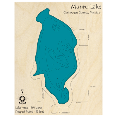 Bathymetric topo map of Munro Lake, MI with roads, towns and depths noted in blue water.