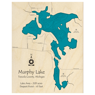 Bathymetric topo map of Murphy Lake, MI with roads, towns and depths noted in blue water.