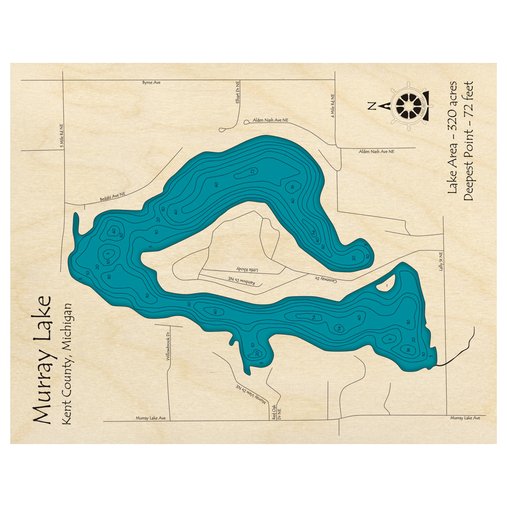 Bathymetric topo map of Murray Lake, MI with roads, towns and depths noted in blue water.