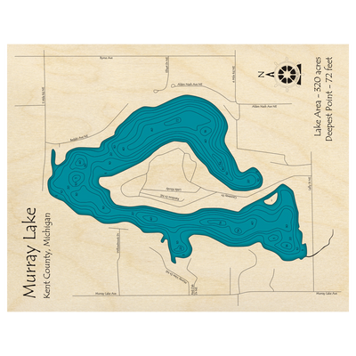 Bathymetric topo map of Murray Lake, MI with roads, towns and depths noted in blue water.