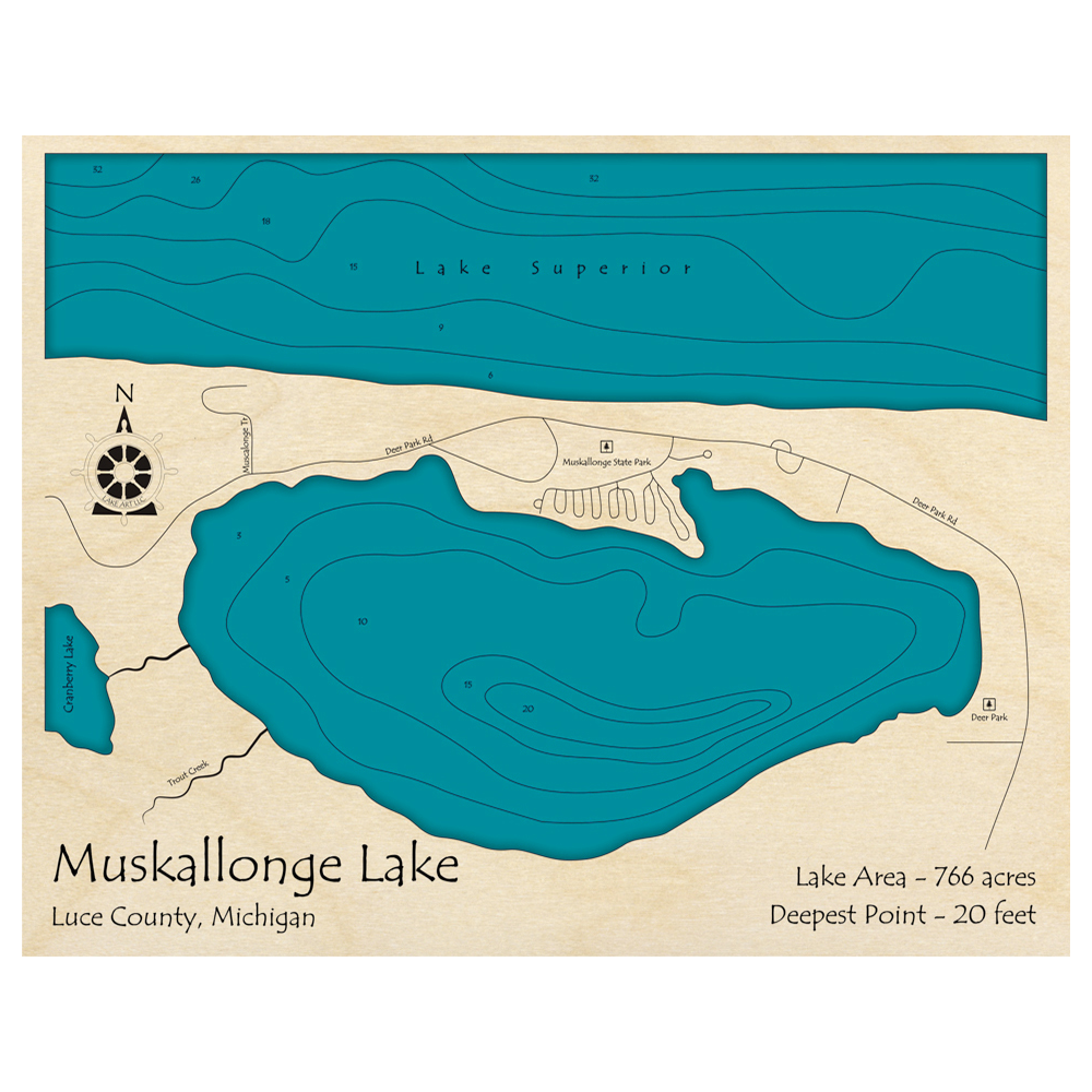 Bathymetric topo map of Muskellonge Lake, MI with roads, towns and depths noted in blue water.