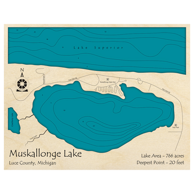 Bathymetric topo map of Muskellonge Lake, MI with roads, towns and depths noted in blue water.