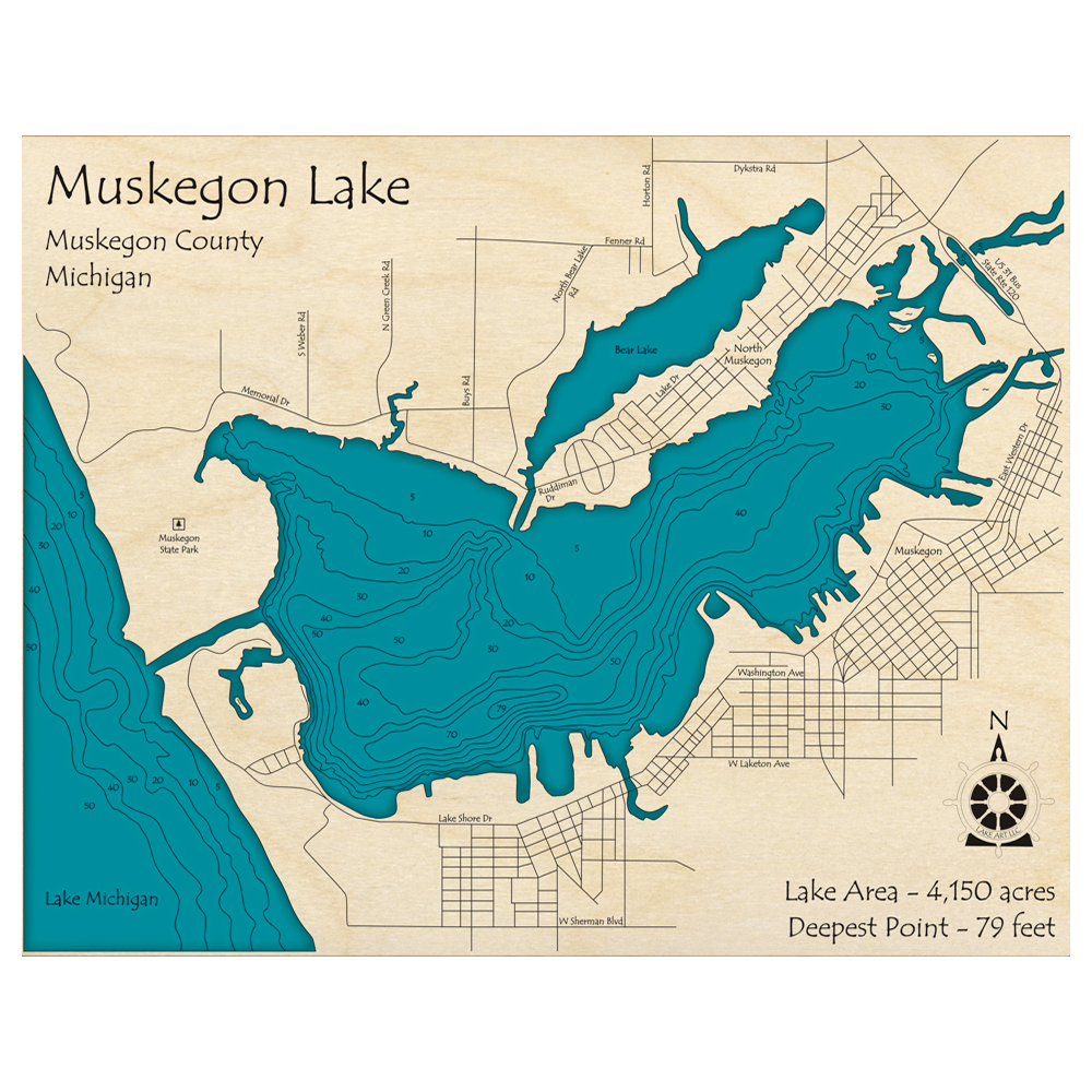 Bathymetric topo map of Muskegon Lake, MI with roads, towns and depths noted in blue water.