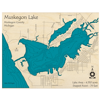 Bathymetric topo map of Muskegon Lake, MI with roads, towns and depths noted in blue water.