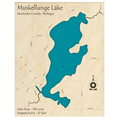 Bathymetric topo map of Muskellunge Lake, MI with roads, towns and depths noted in blue water.