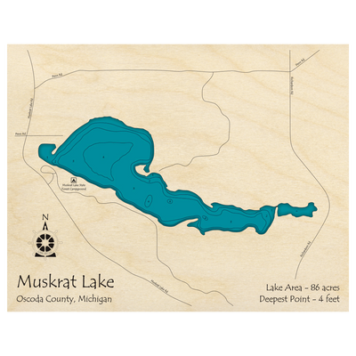 Bathymetric topo map of Muskrat Lake, MI with roads, towns and depths noted in blue water.