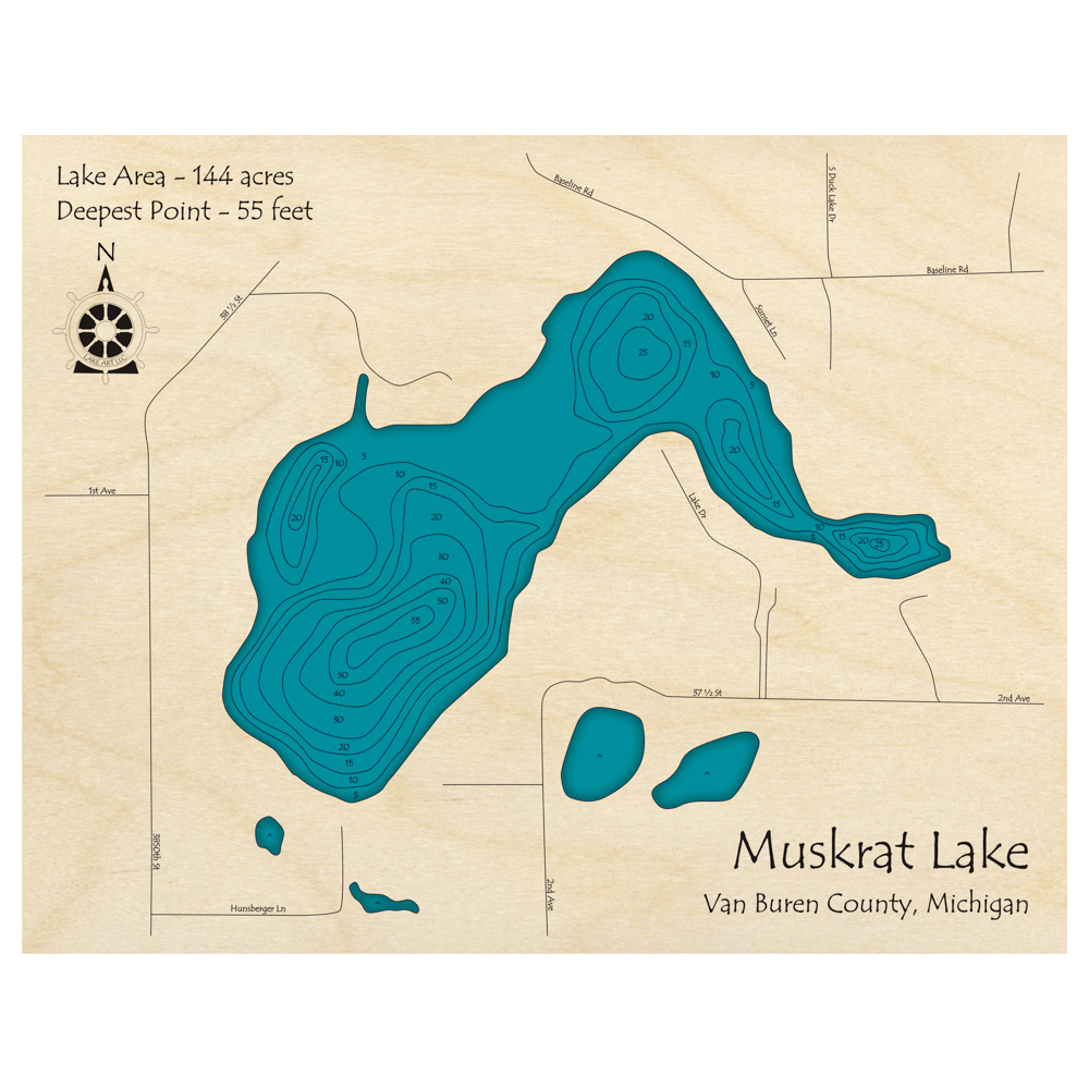 Bathymetric topo map of Muskrat Lake, MI with roads, towns and depths noted in blue water.
