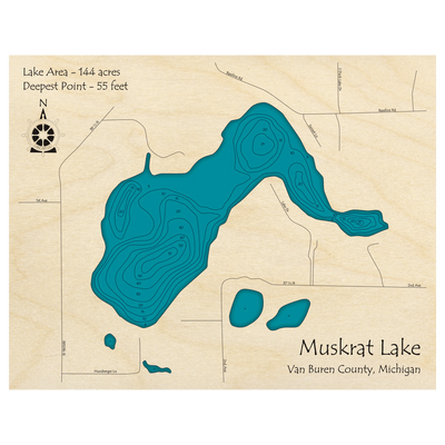 Bathymetric topo map of Muskrat Lake, MI with roads, towns and depths noted in blue water.