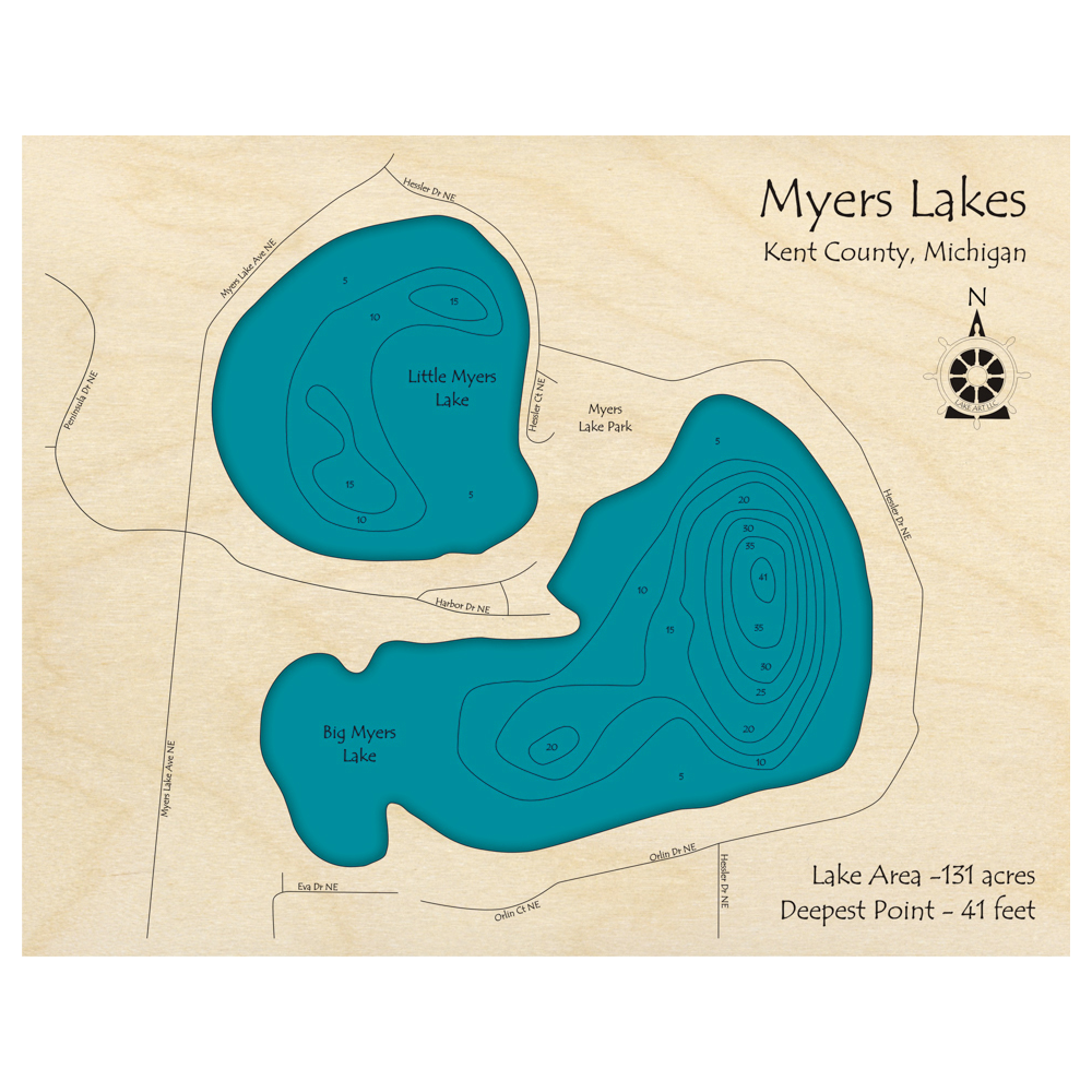 Bathymetric topo map of Myers Lakes, MI with roads, towns and depths noted in blue water.