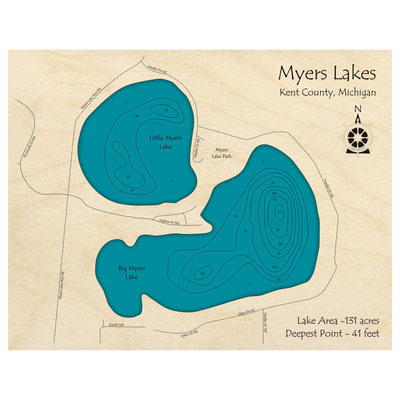 Bathymetric topo map of Myers Lakes, MI with roads, towns and depths noted in blue water.