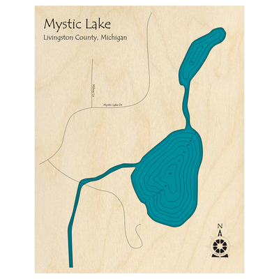 Bathymetric topo map of Mystic Lake, MI with roads, towns and depths noted in blue water.