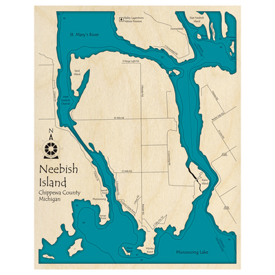 Bathymetric topo map of Neebish Island, MI with roads, towns and depths noted in blue water.