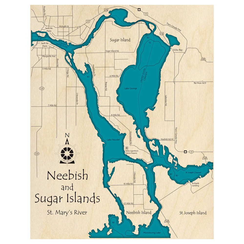 Bathymetric topo map of St Marys River, MI with roads, towns and depths noted in blue water.