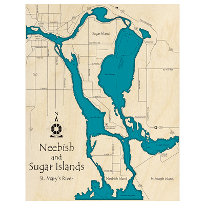 Bathymetric topo map of St Marys River, MI with roads, towns and depths noted in blue water.