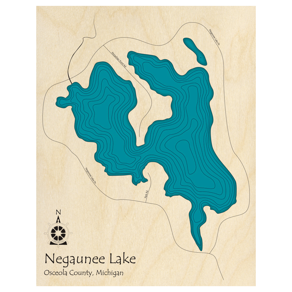 Bathymetric topo map of Negaunee Lake, MI with roads, towns and depths noted in blue water.