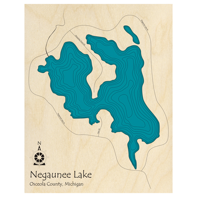 Bathymetric topo map of Negaunee Lake, MI with roads, towns and depths noted in blue water.