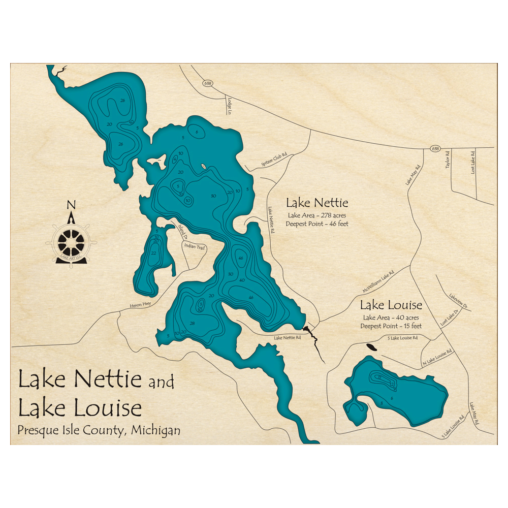 Bathymetric topo map of Lake Nettie and Lake Louise, MI with roads, towns and depths noted in blue water.