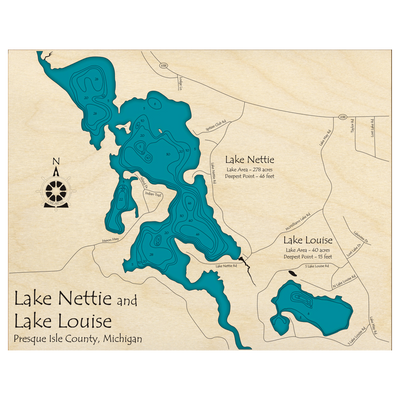 Bathymetric topo map of Lake Nettie and Lake Louise, MI with roads, towns and depths noted in blue water.