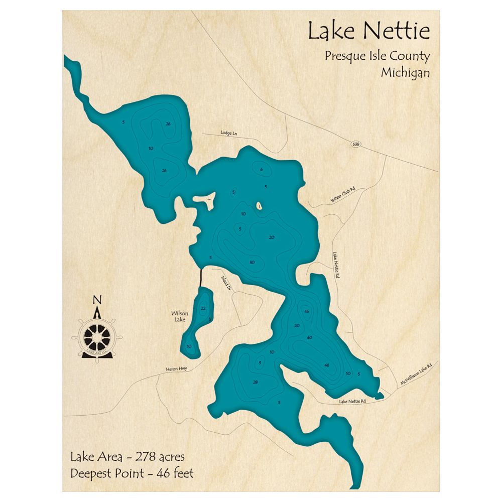 Bathymetric topo map of Lake Nettie, MI with roads, towns and depths noted in blue water.