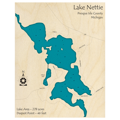 Bathymetric topo map of Lake Nettie, MI with roads, towns and depths noted in blue water.