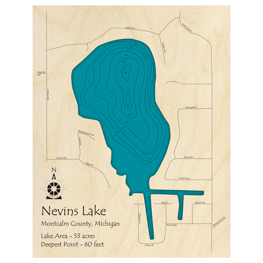 Bathymetric topo map of Nevins Lake, MI with roads, towns and depths noted in blue water.
