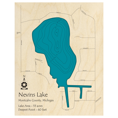 Bathymetric topo map of Nevins Lake, MI with roads, towns and depths noted in blue water.