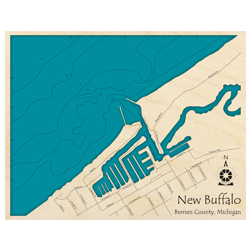 Bathymetric topo map of New Buffalo, MI with roads, towns and depths noted in blue water.