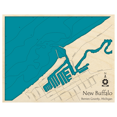 Bathymetric topo map of New Buffalo, MI with roads, towns and depths noted in blue water.