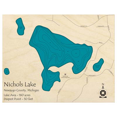 Bathymetric topo map of Nichols Lake, MI with roads, towns and depths noted in blue water.