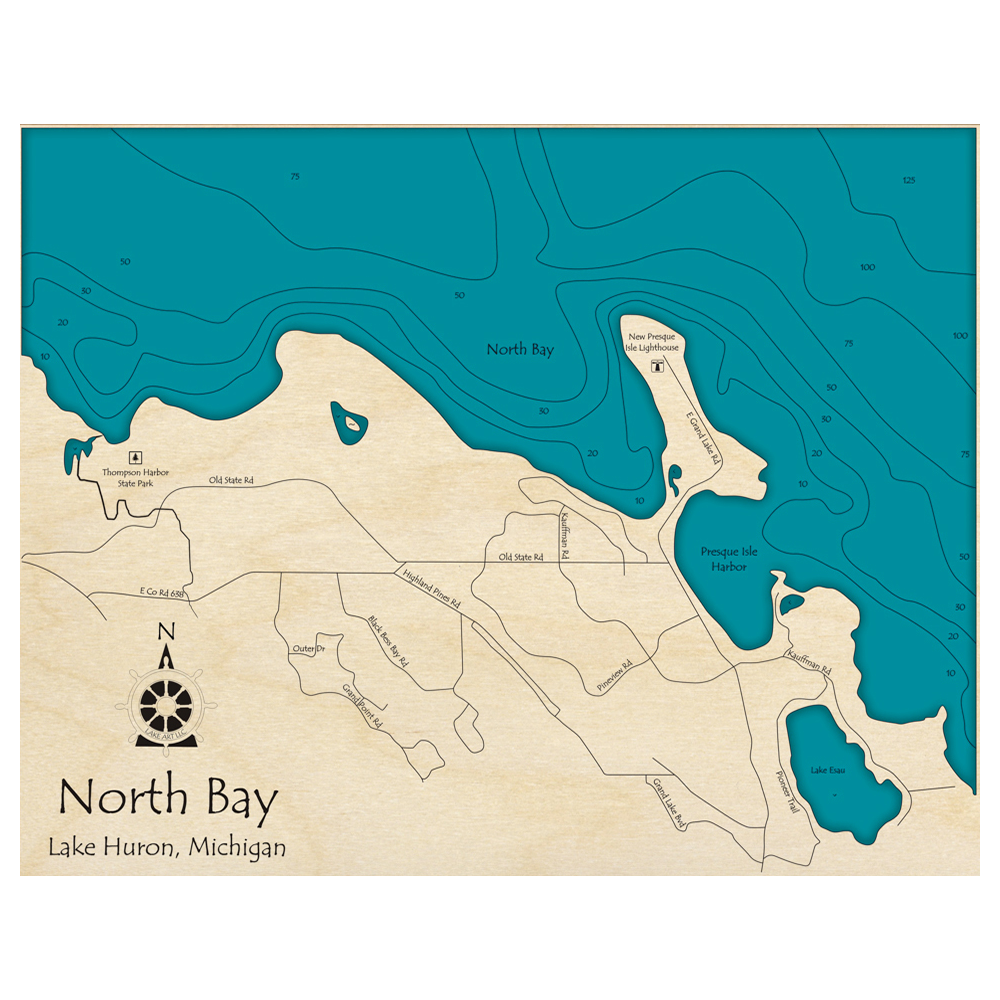 Bathymetric topo map of North Bay, MI with roads, towns and depths noted in blue water.