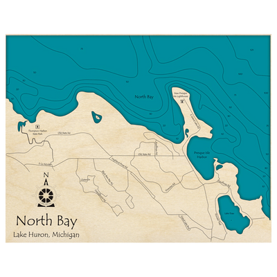 Bathymetric topo map of North Bay, MI with roads, towns and depths noted in blue water.