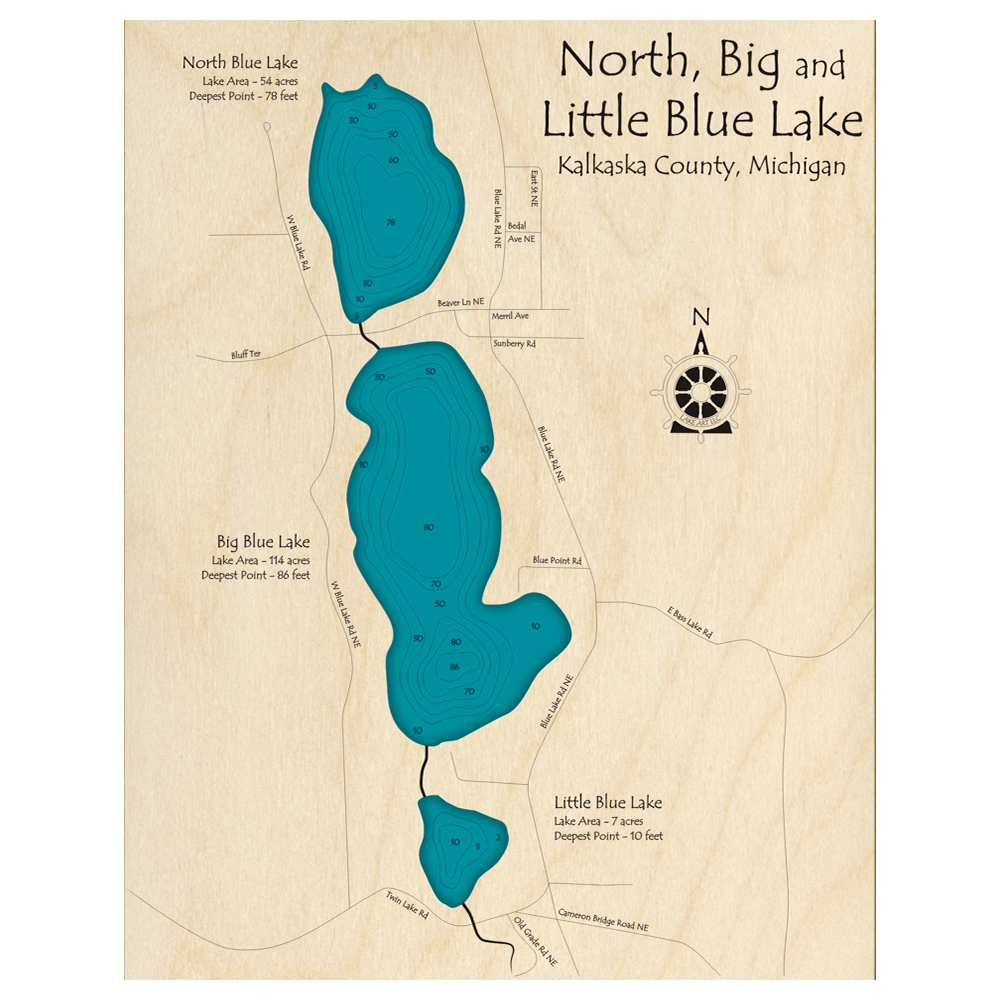 Bathymetric topo map of North Big and Little Blue Lakes, MI with roads, towns and depths noted in blue water.