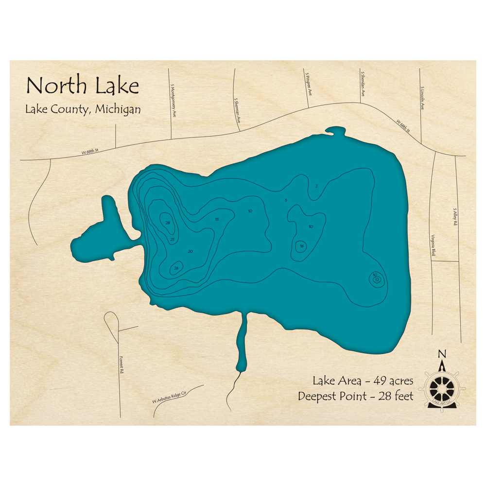 Bathymetric topo map of North Lake, MI with roads, towns and depths noted in blue water.