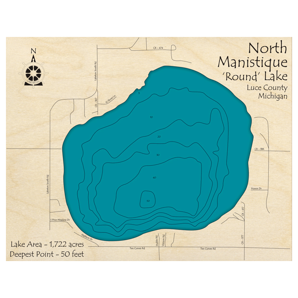Bathymetric topo map of Manistique Lake, MI with roads, towns and depths noted in blue water.