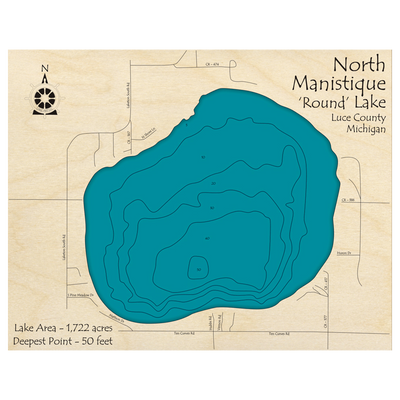Bathymetric topo map of Manistique Lake, MI with roads, towns and depths noted in blue water.