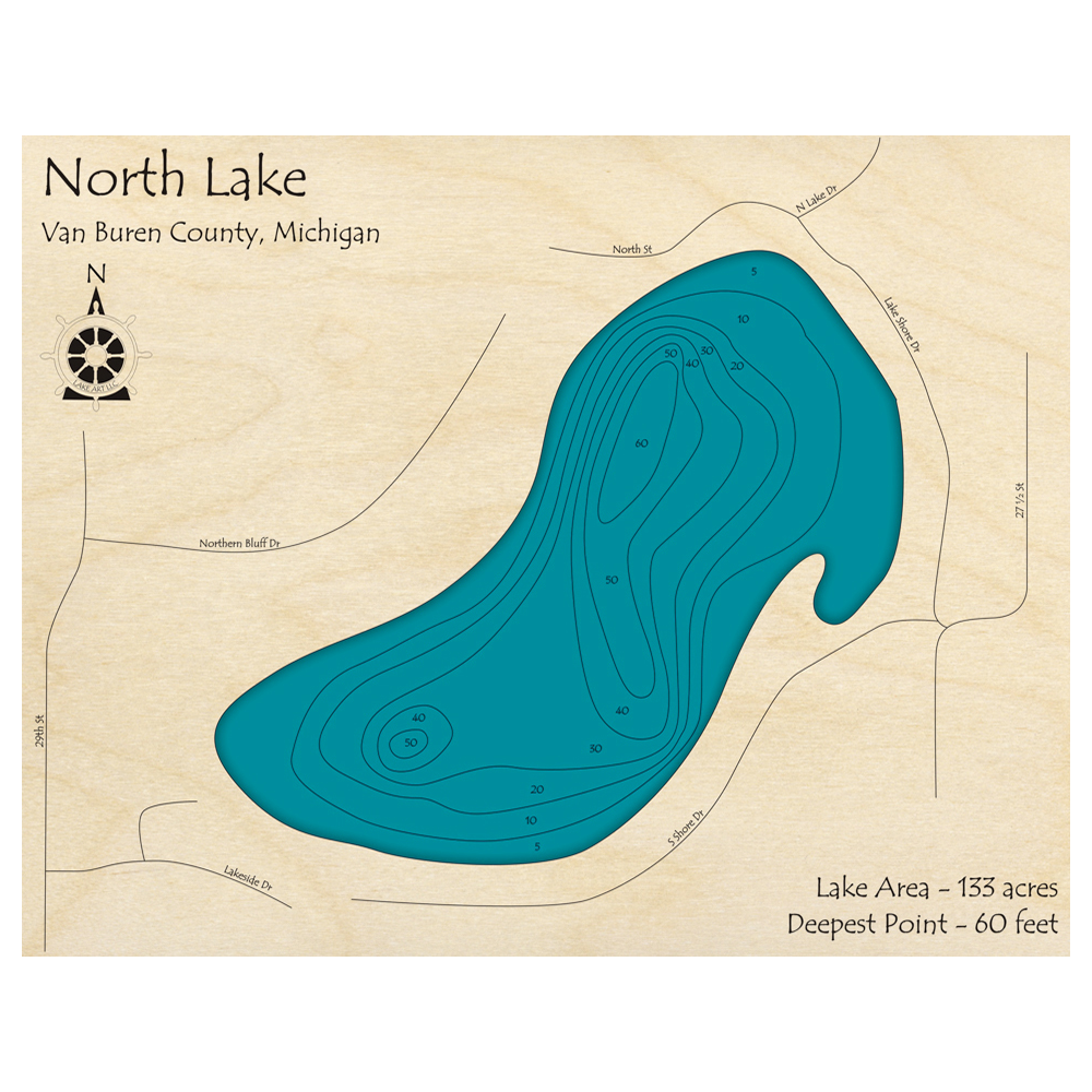 Bathymetric topo map of North Lake, MI with roads, towns and depths noted in blue water.