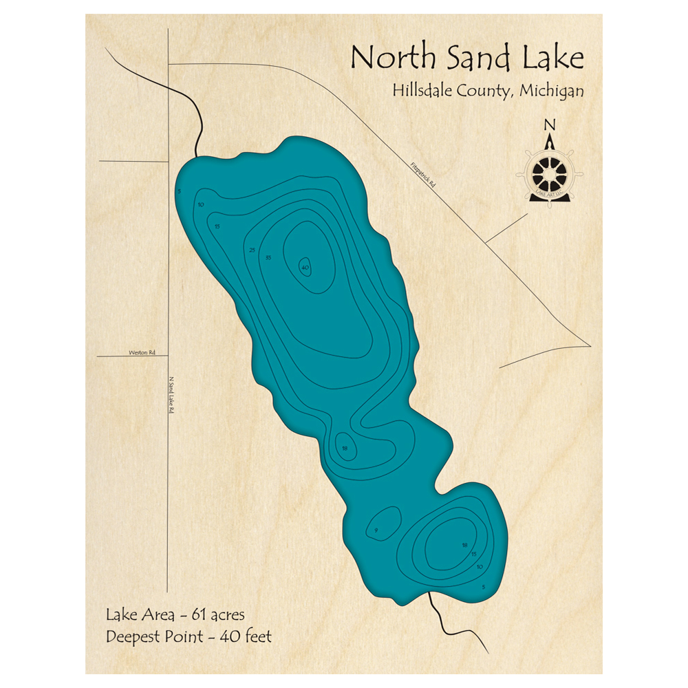 Bathymetric topo map of North Sand Lake, MI with roads, towns and depths noted in blue water.