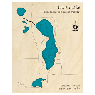 Bathymetric topo map of North Lake, MI with roads, towns and depths noted in blue water.