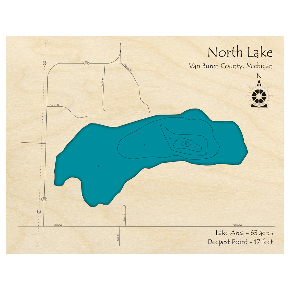 Bathymetric topo map of North Lake, MI with roads, towns and depths noted in blue water.