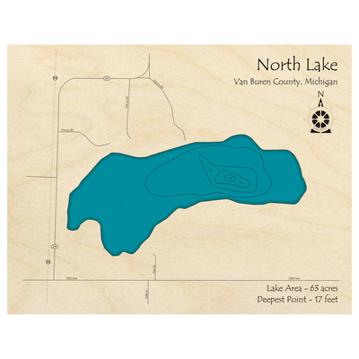 Bathymetric topo map of North Lake, MI with roads, towns and depths noted in blue water.