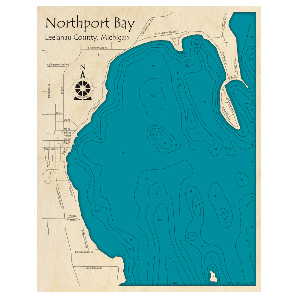 Bathymetric topo map of Northport Bay, MI with roads, towns and depths noted in blue water.