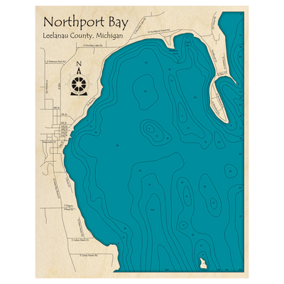Bathymetric topo map of Northport Bay, MI with roads, towns and depths noted in blue water.